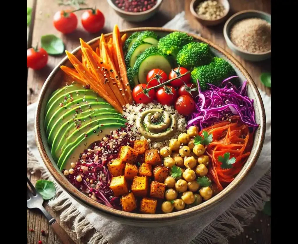 Colorful Rainbow Vegan Buddha Bowl with quinoa, roasted sweet potatoes, chickpeas, red cabbage, cherry tomatoes, broccoli, kale, and avocado, topped with sesame seeds and tahini dressing, served in a rustic ceramic bowl on a wooden table.