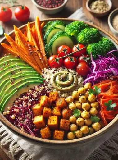 Colorful Rainbow Vegan Buddha Bowl with quinoa, roasted sweet potatoes, chickpeas, red cabbage, cherry tomatoes, broccoli, kale, and avocado, topped with sesame seeds and tahini dressing, served in a rustic ceramic bowl on a wooden table.