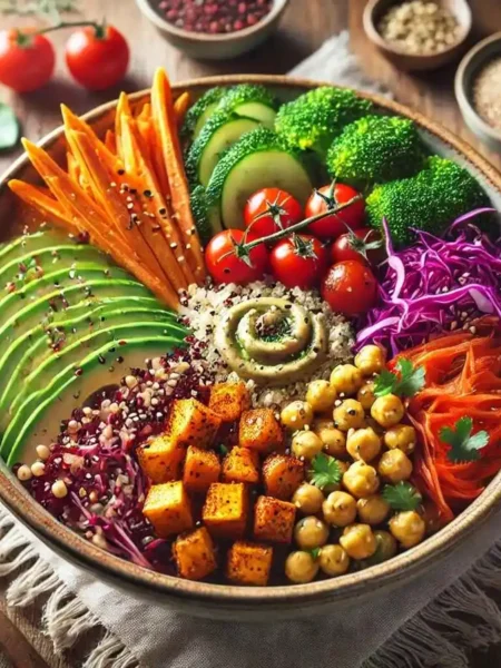Colorful Rainbow Vegan Buddha Bowl with quinoa, roasted sweet potatoes, chickpeas, red cabbage, cherry tomatoes, broccoli, kale, and avocado, topped with sesame seeds and tahini dressing, served in a rustic ceramic bowl on a wooden table.