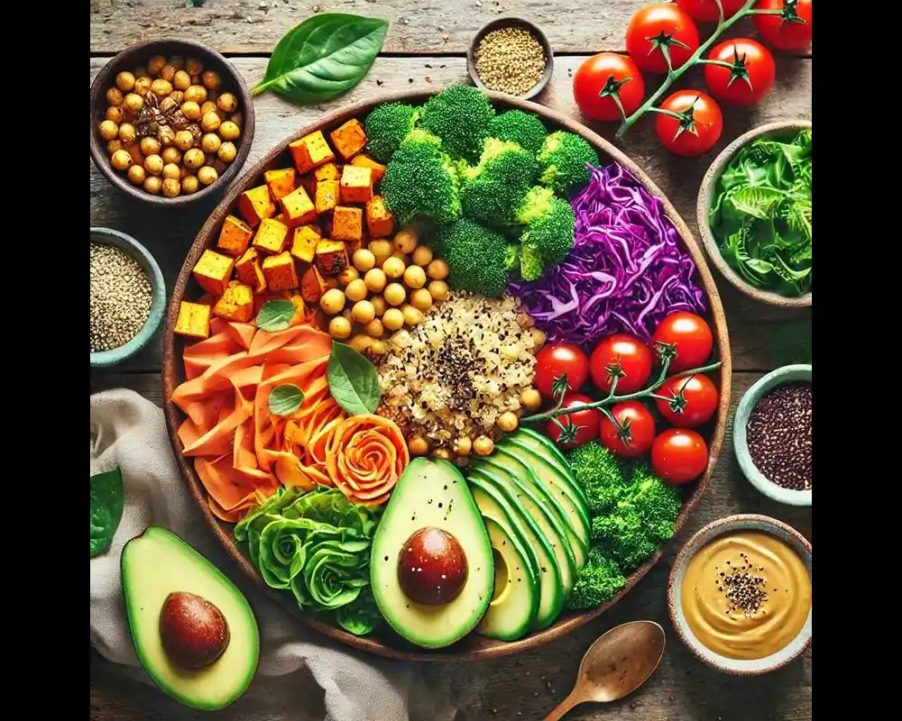 Flat-lay of fresh ingredients for a Rainbow Vegan Buddha Bowl, featuring quinoa, roasted sweet potatoes, chickpeas, shredded red cabbage, cherry tomatoes, broccoli, kale, avocado slices, sesame seeds, and tahini dressing, neatly arranged on a rustic wooden table with bright, natural lighting.