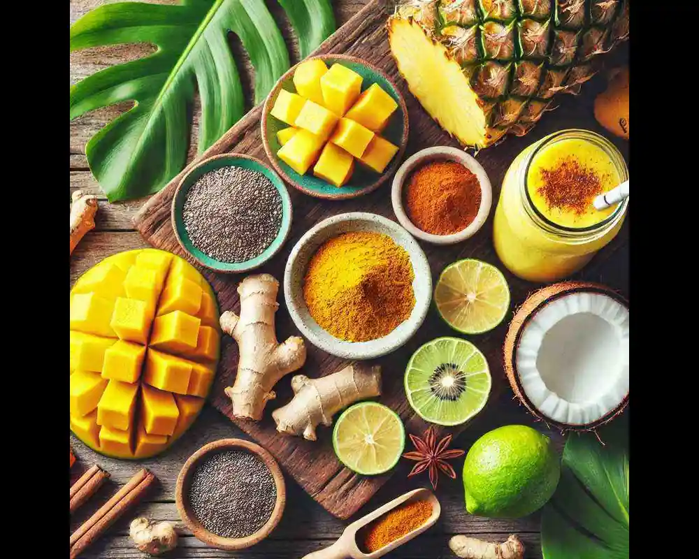 Flat-lay of tropical turmeric smoothie ingredients including mango, pineapple, ginger, lime, turmeric, chia seeds, and coconut on a wooden surface.