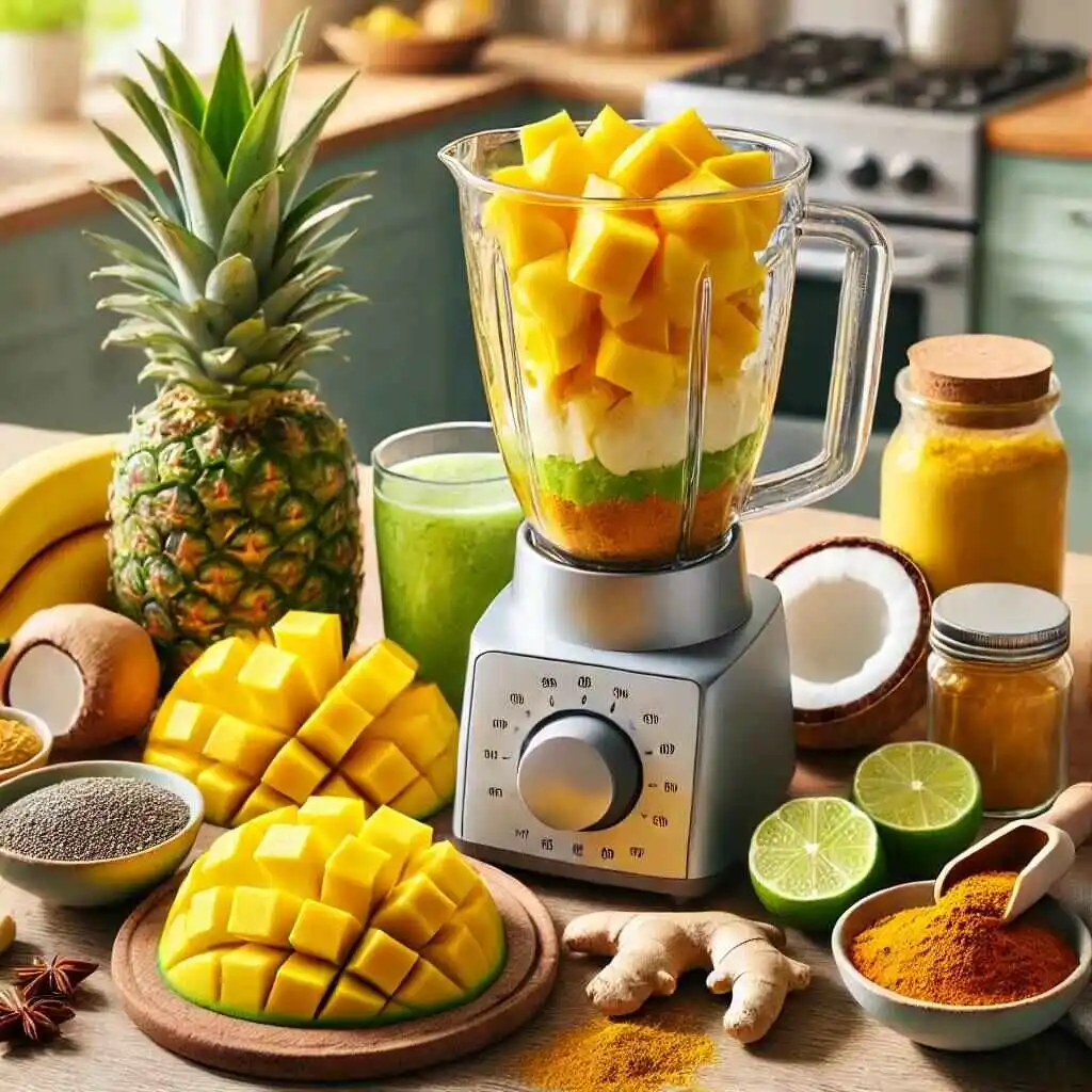 Blender with mango, pineapple, banana, and turmeric on a kitchen counter, surrounded by fresh ingredients in a bright, tropical setting.