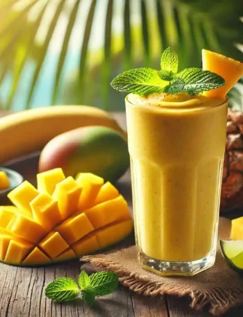 A creamy, golden-yellow Tropical Turmeric Vegan Shake in a tall glass, garnished with a fresh mint leaf and a lime slice, surrounded by tropical fruits on a rustic wooden table with a blurred tropical background.