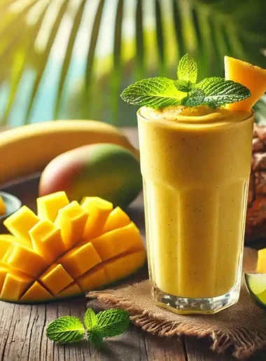 A creamy, golden-yellow Tropical Turmeric Vegan Shake in a tall glass, garnished with a fresh mint leaf and a lime slice, surrounded by tropical fruits on a rustic wooden table with a blurred tropical background.