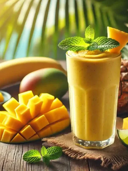 A creamy, golden-yellow Tropical Turmeric Vegan Shake in a tall glass, garnished with a fresh mint leaf and a lime slice, surrounded by tropical fruits on a rustic wooden table with a blurred tropical background.
