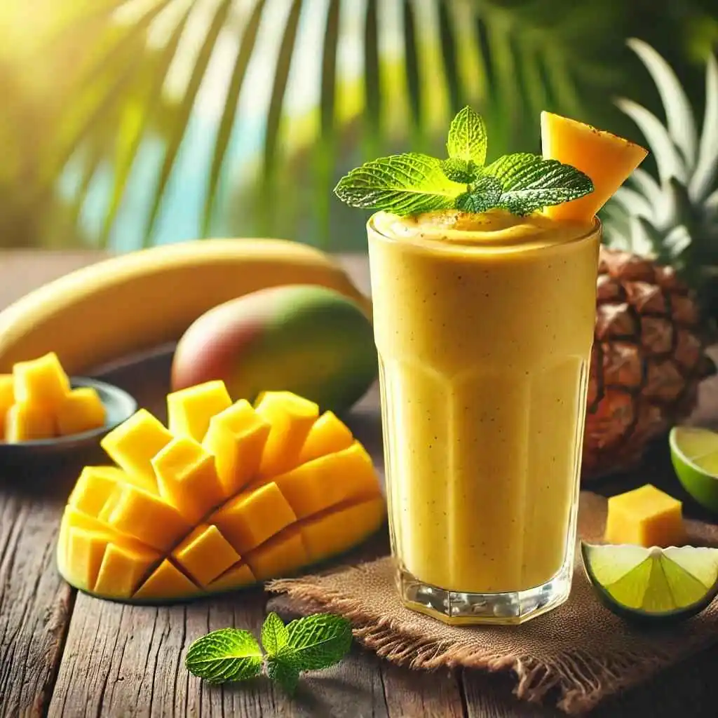 A creamy, golden-yellow Tropical Turmeric Vegan Shake in a tall glass, garnished with a fresh mint leaf and a lime slice, surrounded by tropical fruits on a rustic wooden table with a blurred tropical background.