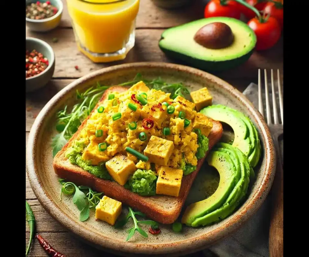 A beautifully plated vegan tofu scramble with avocado toast. The tofu scramble is golden yellow, fluffy, and slightly crispy, garnished with fresh herbs like chives and parsley. The avocado toast is on a thick slice of whole-grain bread, topped with creamy mashed avocado, red chili flakes, and a drizzle of olive oil. The dish is served on a rustic ceramic plate with a side of cherry tomatoes and a glass of fresh orange juice, set on a wooden table.