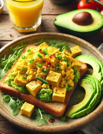 A beautifully plated vegan tofu scramble with avocado toast. The tofu scramble is golden yellow, fluffy, and slightly crispy, garnished with fresh herbs like chives and parsley. The avocado toast is on a thick slice of whole-grain bread, topped with creamy mashed avocado, red chili flakes, and a drizzle of olive oil. The dish is served on a rustic ceramic plate with a side of cherry tomatoes and a glass of fresh orange juice, set on a wooden table.
