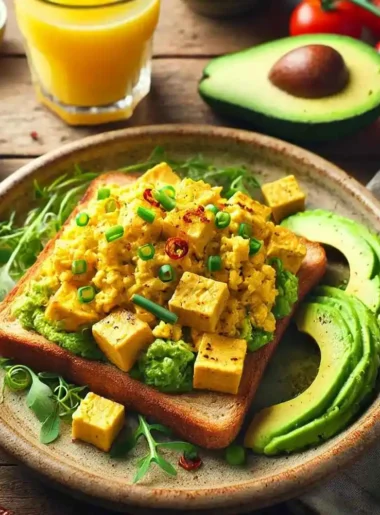 A beautifully plated vegan tofu scramble with avocado toast. The tofu scramble is golden yellow, fluffy, and slightly crispy, garnished with fresh herbs like chives and parsley. The avocado toast is on a thick slice of whole-grain bread, topped with creamy mashed avocado, red chili flakes, and a drizzle of olive oil. The dish is served on a rustic ceramic plate with a side of cherry tomatoes and a glass of fresh orange juice, set on a wooden table.