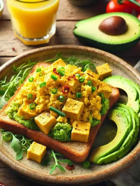 A beautifully plated vegan tofu scramble with avocado toast. The tofu scramble is golden yellow, fluffy, and slightly crispy, garnished with fresh herbs like chives and parsley. The avocado toast is on a thick slice of whole-grain bread, topped with creamy mashed avocado, red chili flakes, and a drizzle of olive oil. The dish is served on a rustic ceramic plate with a side of cherry tomatoes and a glass of fresh orange juice, set on a wooden table.