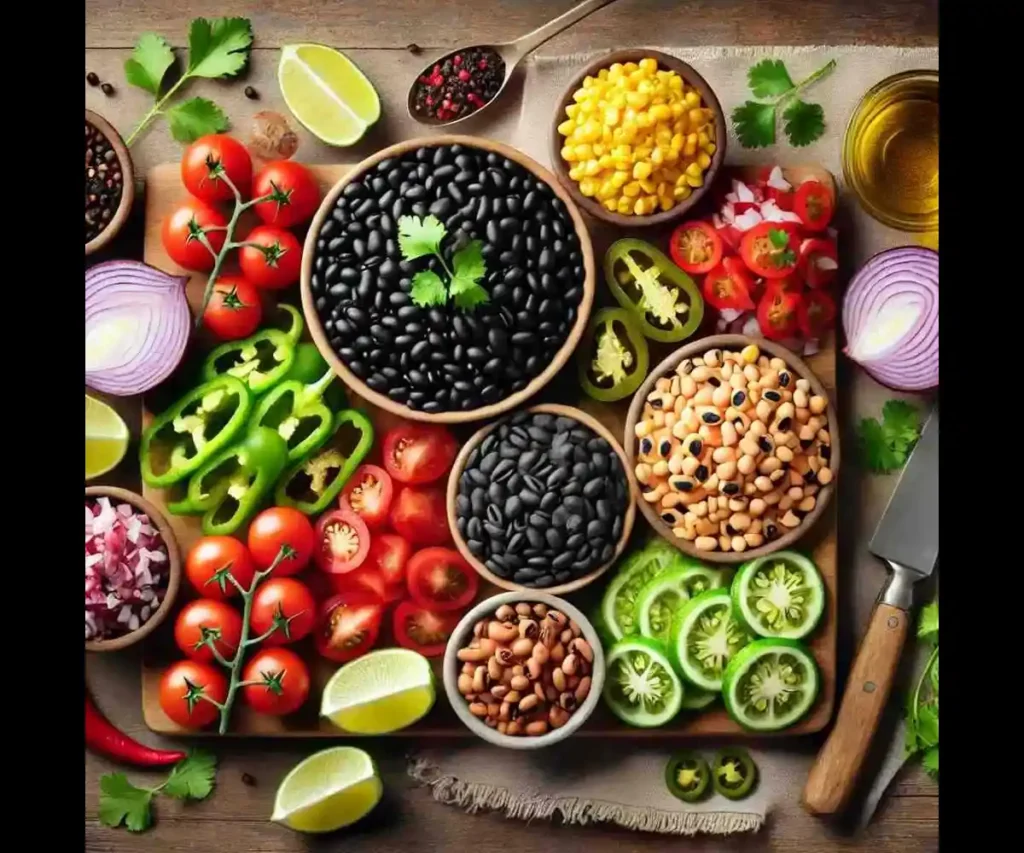 Cowboy Caviar Ingredients - Fresh Veggies, Beans, Corn, and Lime Dressing.