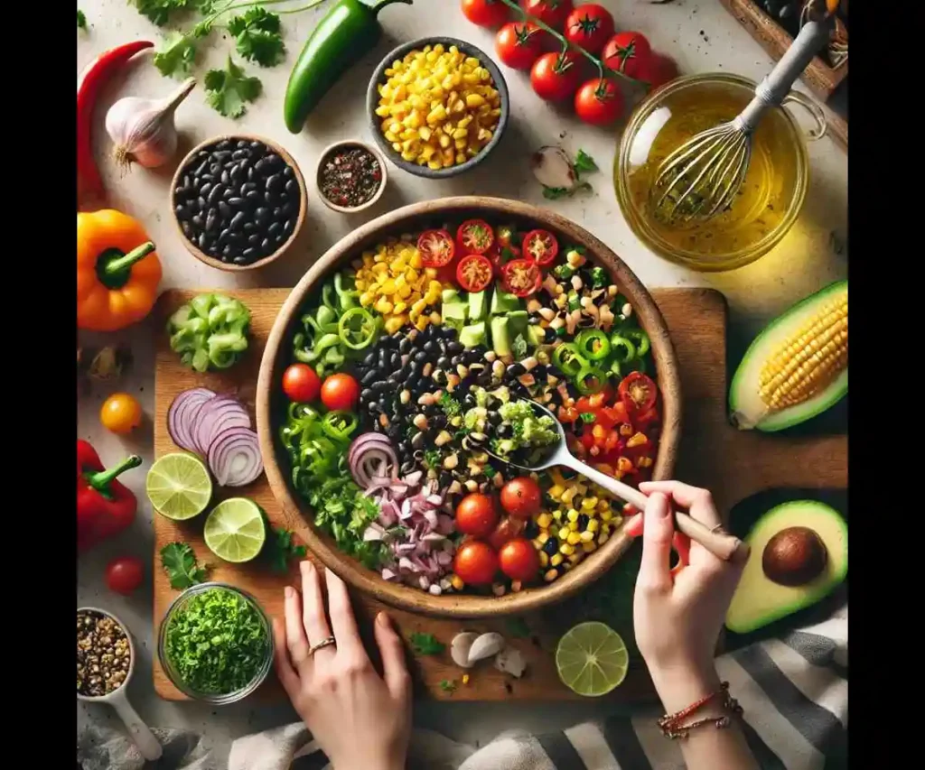 Preparing Cowboy Caviar - Mixing Fresh Beans, Veggies, and Lime Dressing.
