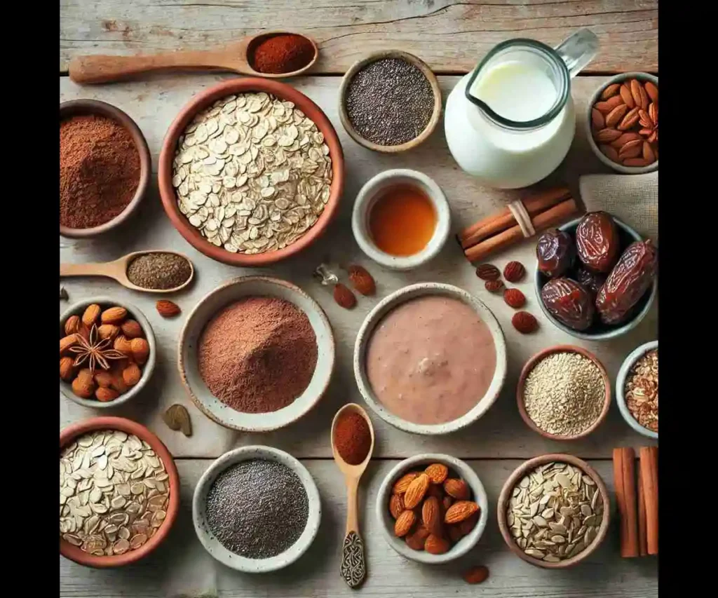 clean and minimal flat lay of Vegan Chocolate Healthy Bowl ingredients. Quick oats, cocoa powder, almond milk, chia seeds, jaggery syrup, vanilla extract, chopped dates, cinnamon powder, melon seeds, flaxseeds, raisins, and chopped almonds are neatly arranged in small ceramic or glass bowls on a rustic wooden table under soft natural lighting.