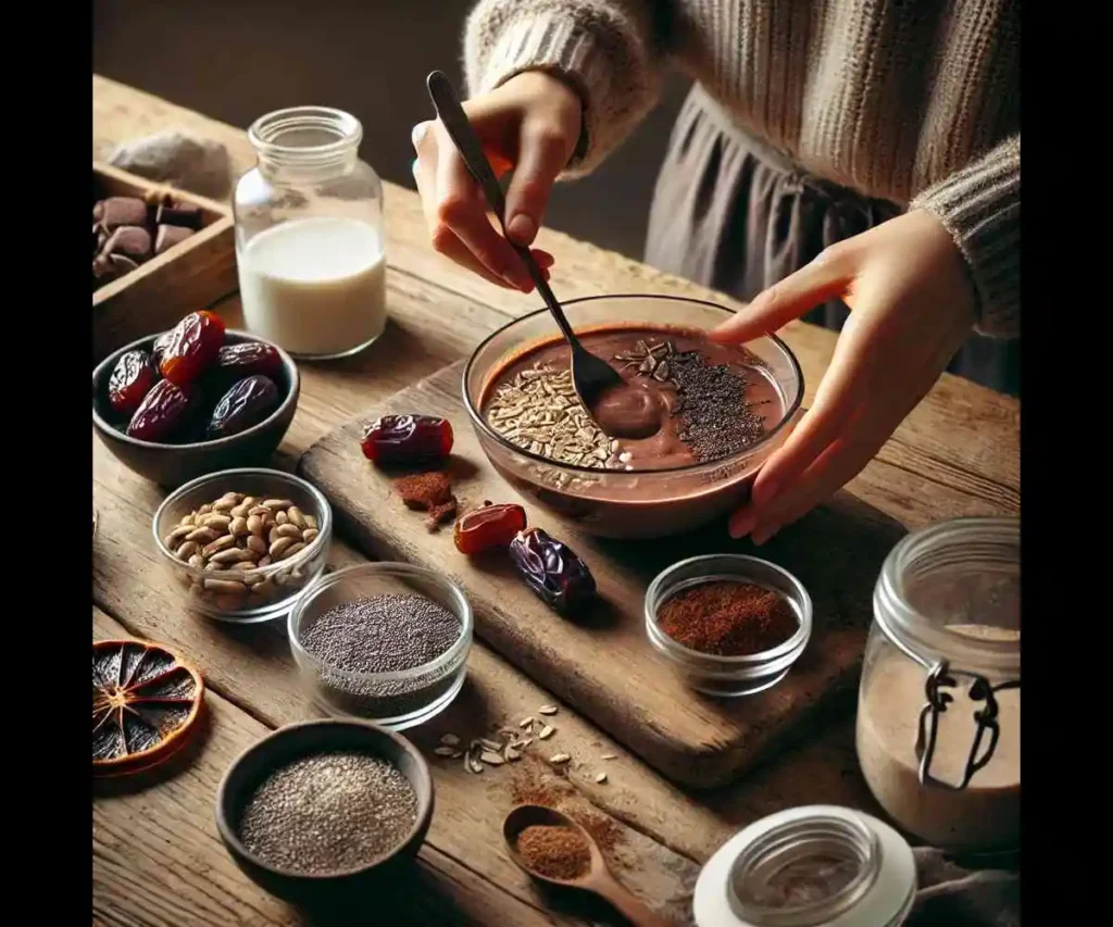 A cozy kitchen scene showing hands mixing ingredients for a Vegan Chocolate Healthy Bowl in a clear glass bowl. Surrounding the bowl are small dishes containing chopped dates, jaggery syrup, cinnamon, chia seeds, flaxseeds, melon seeds, and raisins, all placed on a rustic wooden table with a natural, warmly lit ambiance.