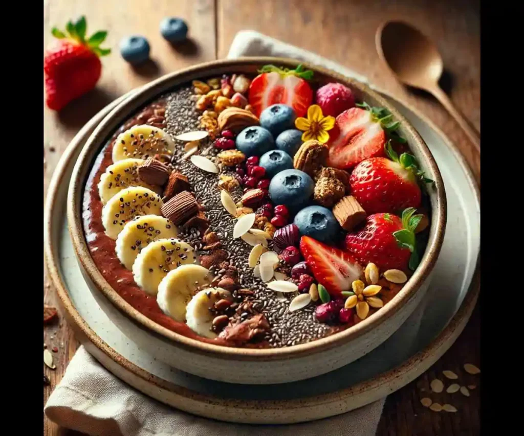 A beautifully presented Vegan Chocolate Healthy Bowl in a ceramic bowl, featuring a thick chocolate base made with oats, cocoa, almond milk, and chia seeds, topped with bananas, berries, chopped dates, almonds, and seeds. A fresh and nutritious plant-based breakfast with a rustic morning vibe.