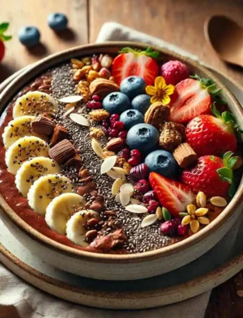 A beautifully presented Vegan Chocolate Healthy Bowl in a ceramic bowl, featuring a thick chocolate base made with oats, cocoa, almond milk, and chia seeds, topped with bananas, berries, chopped dates, almonds, and seeds. A fresh and nutritious plant-based breakfast with a rustic morning vibe.