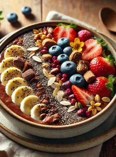 A beautifully presented Vegan Chocolate Healthy Bowl in a ceramic bowl, featuring a thick chocolate base made with oats, cocoa, almond milk, and chia seeds, topped with bananas, berries, chopped dates, almonds, and seeds. A fresh and nutritious plant-based breakfast with a rustic morning vibe.