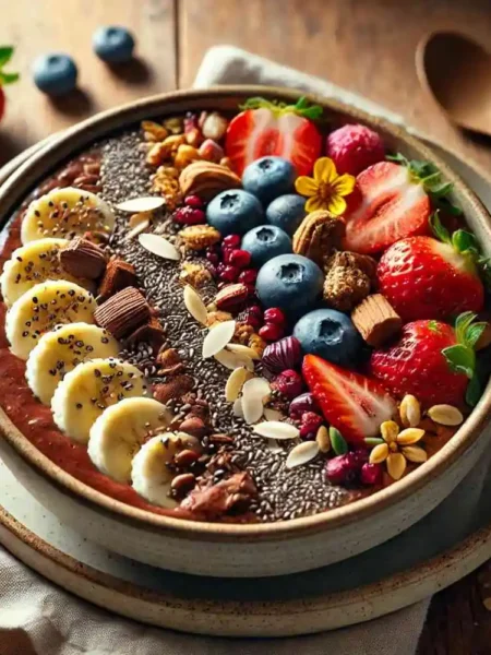 A beautifully presented Vegan Chocolate Healthy Bowl in a ceramic bowl, featuring a thick chocolate base made with oats, cocoa, almond milk, and chia seeds, topped with bananas, berries, chopped dates, almonds, and seeds. A fresh and nutritious plant-based breakfast with a rustic morning vibe.