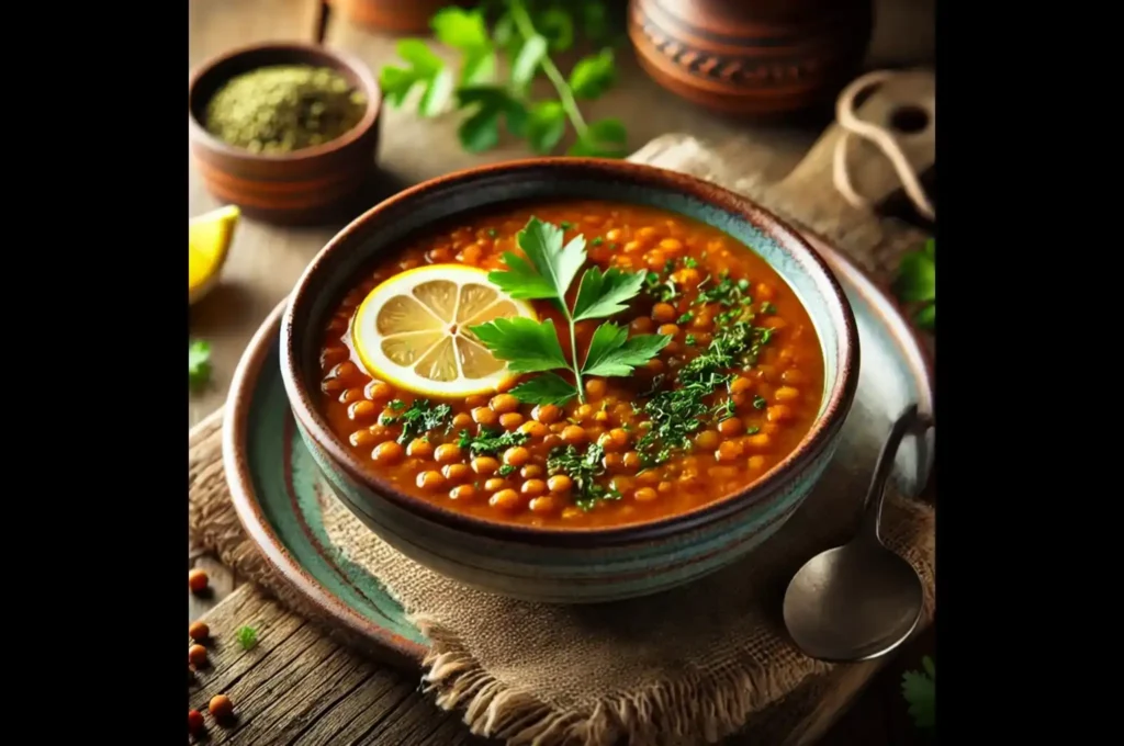 A beautifully presented bowl of vegan lentil soup, garnished with fresh herbs and a slice of lemon. The hearty soup contains tender lentils, diced carrots, tomatoes, and leafy greens in a rich, flavorful broth, served in a rustic wooden bowl on a cozy table setting.