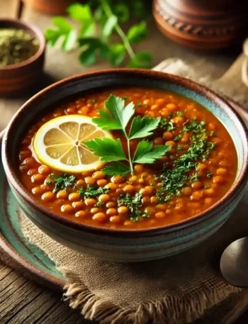A beautifully presented bowl of vegan lentil soup, garnished with fresh herbs and a slice of lemon. The hearty soup contains tender lentils, diced carrots, tomatoes, and leafy greens in a rich, flavorful broth, served in a rustic wooden bowl on a cozy table setting.