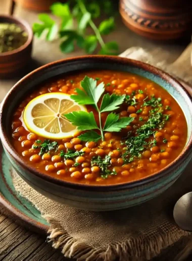 A beautifully presented bowl of vegan lentil soup, garnished with fresh herbs and a slice of lemon. The hearty soup contains tender lentils, diced carrots, tomatoes, and leafy greens in a rich, flavorful broth, served in a rustic wooden bowl on a cozy table setting.