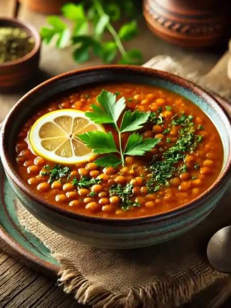 A beautifully presented bowl of vegan lentil soup, garnished with fresh herbs and a slice of lemon. The hearty soup contains tender lentils, diced carrots, tomatoes, and leafy greens in a rich, flavorful broth, served in a rustic wooden bowl on a cozy table setting.