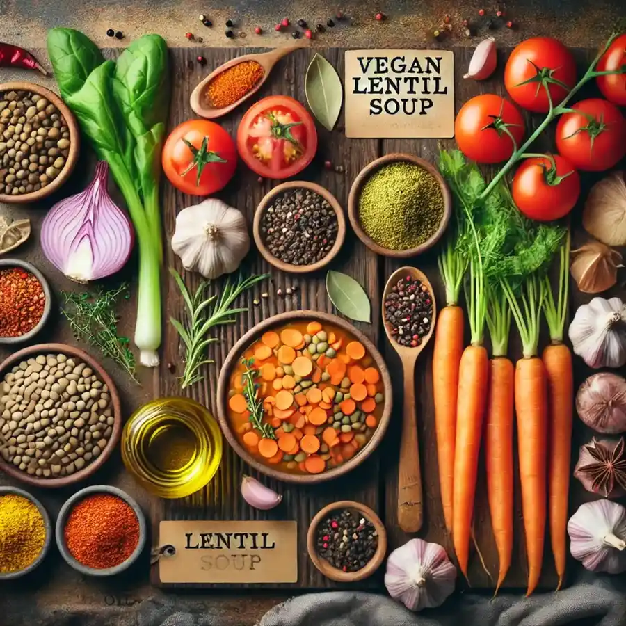 A beautifully arranged flat lay of fresh ingredients for a vegan lentil soup, including lentils, carrots, onions, garlic, tomatoes, leafy greens, vegetable broth, spices like cumin and curry powder, and a slice of lemon. The ingredients are neatly displayed on a rustic wooden background, creating a visually appealing and inviting composition.