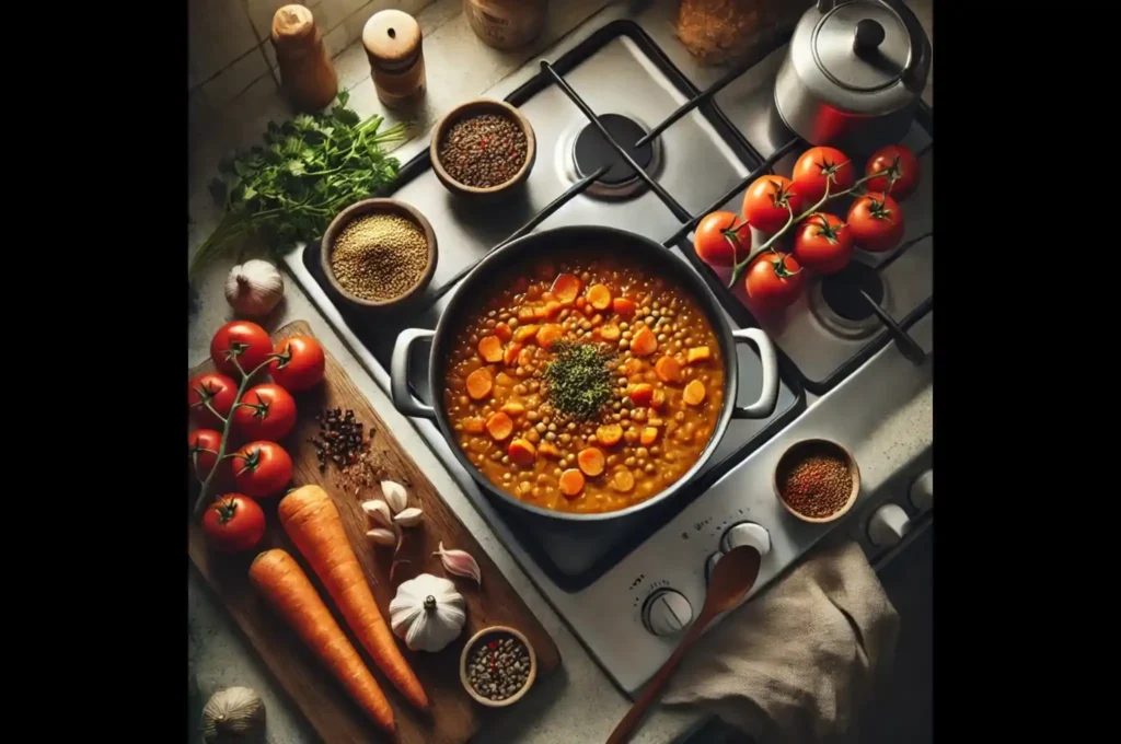 A warm and inviting scene of vegan lentil soup cooking on a gas stove in a rustic kitchen. A simmering pot filled with lentils, diced carrots, tomatoes, and leafy greens is stirred with a wooden spoon, with steam rising from the mixture. The blue flames of the gas stove are visible beneath the pot, while fresh ingredients like onions, garlic, and spices are neatly arranged on a wooden countertop. Natural lighting enhances the cozy and wholesome atmosphere.